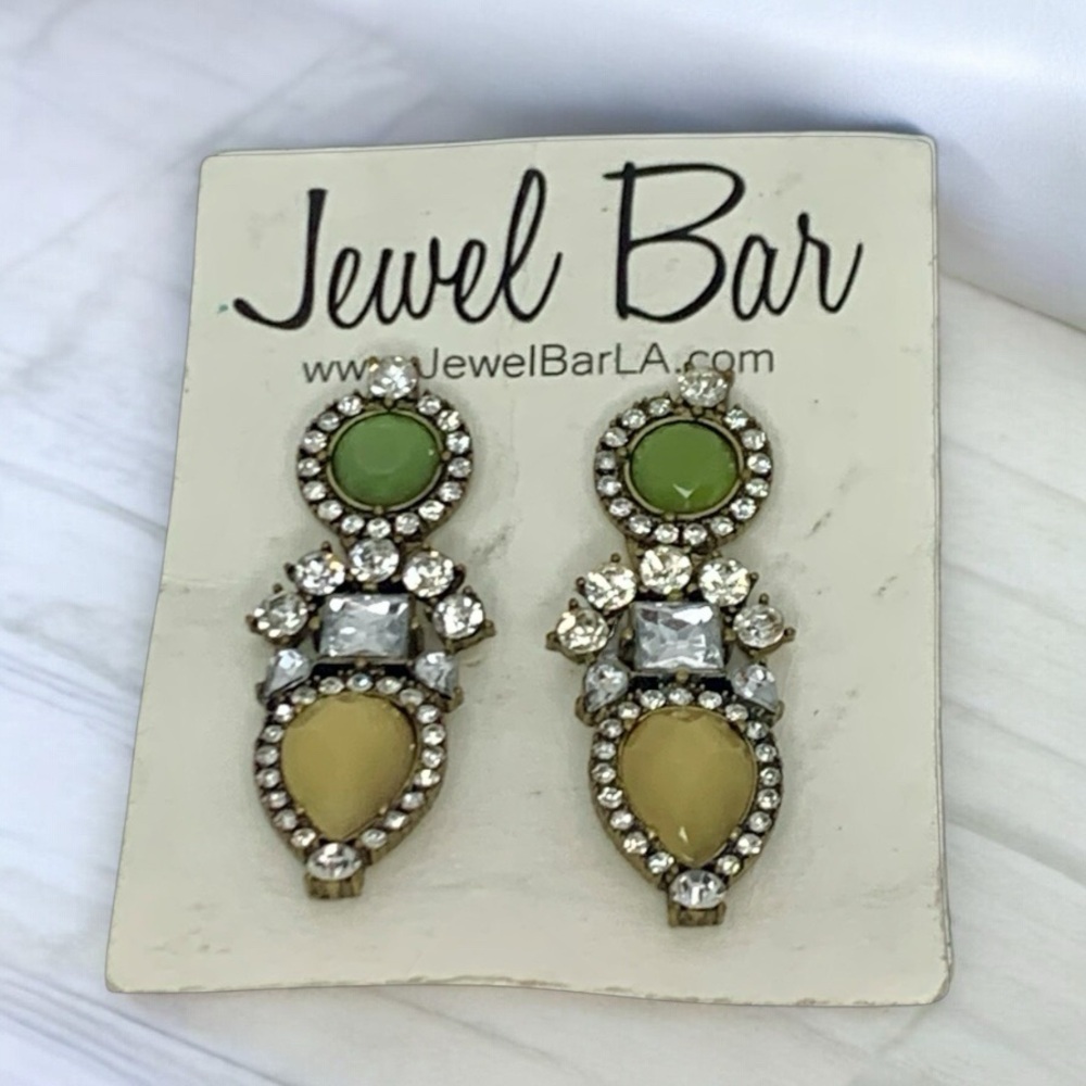 Vintage Gold Tone, Rhinestone, Green, & Tan Stud Dangle Earrings - Picture 3 of 5